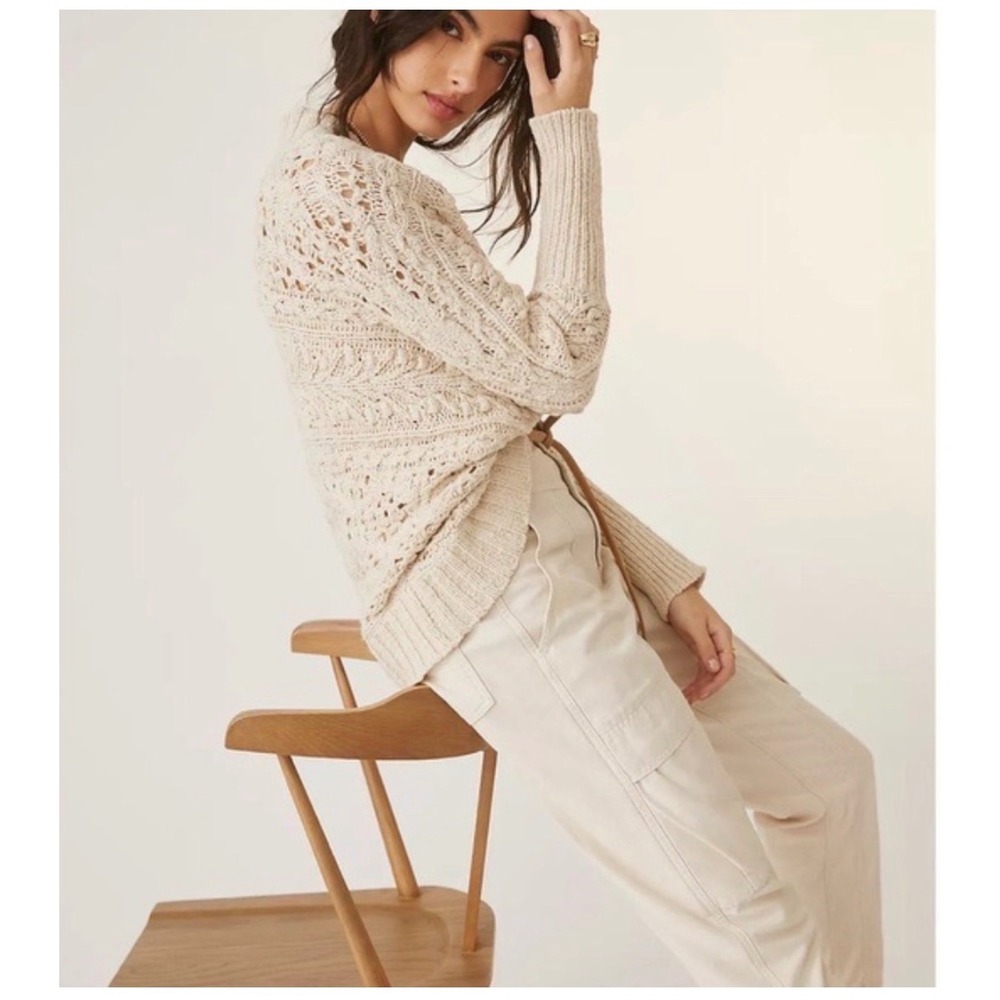 ANTHROPOLOGIE Cream Crochet Open Knit Dolman Sweater XL Boho Cottagecore